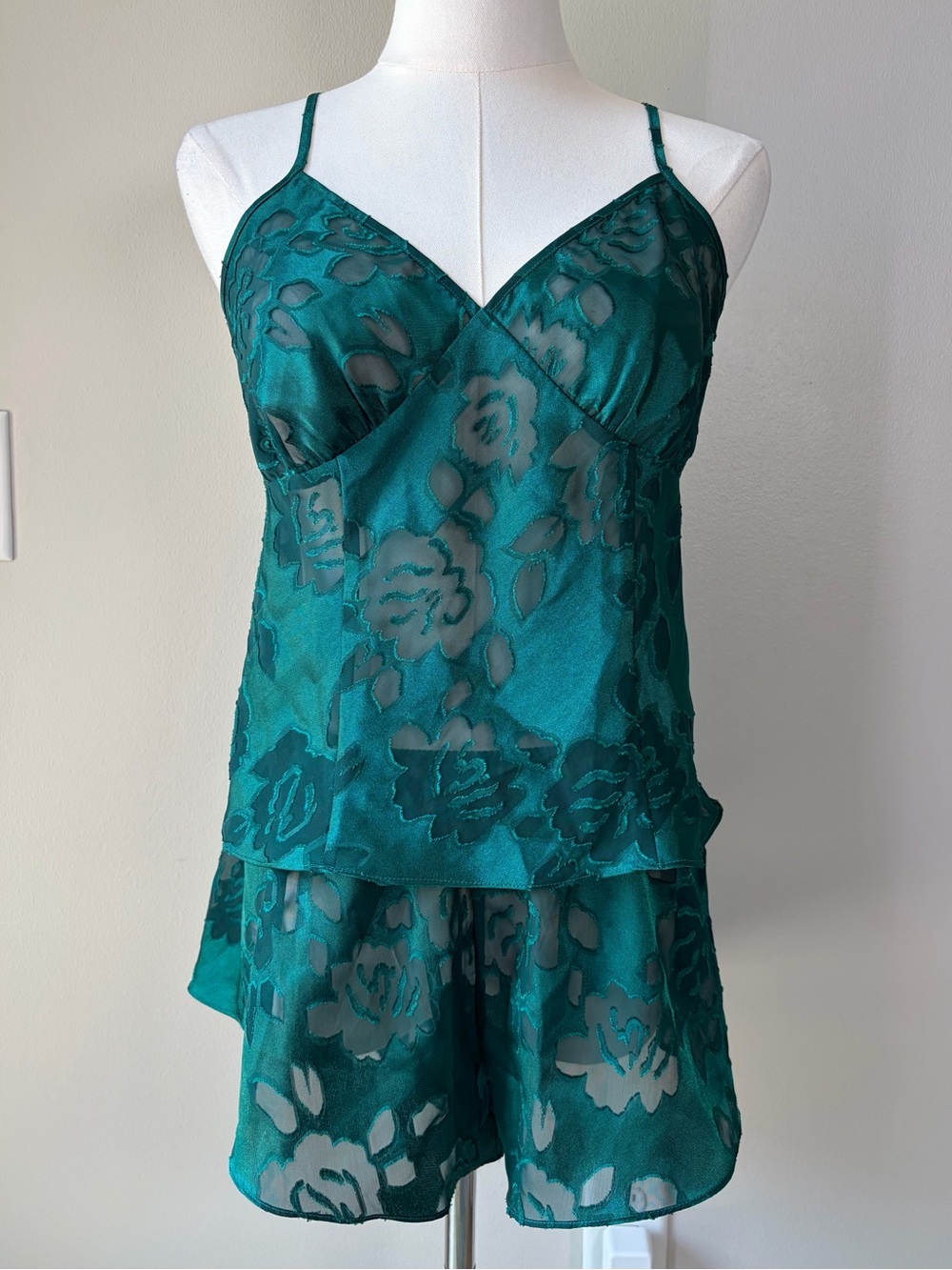 Vintage Victoria’s Secret Gold Tag Deep Teal Floral Pajama Shorts and Cami Set